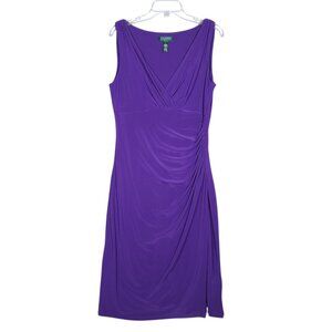 Ralph Lauren Sleeveless Sheath Cocktail Dress Purple Midi Size 12 Stretch Ruched